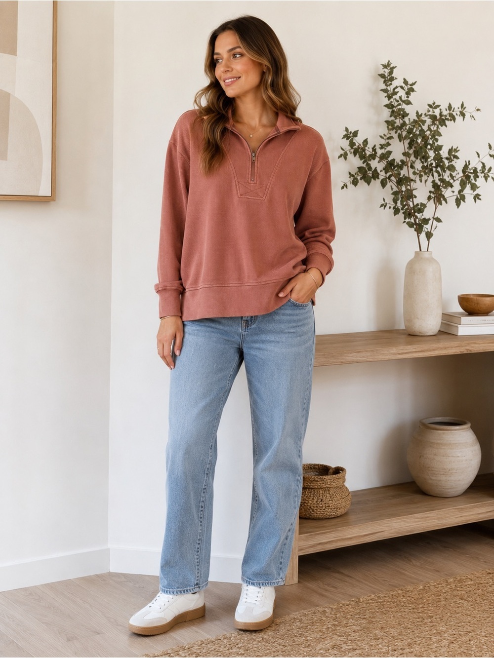 JANE AND DELANCEY | Half-Zip Thermal Pullover Sweater - Dusty Rose